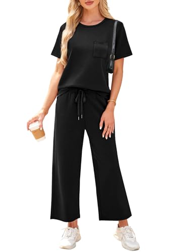 Image of WIHOLL 2 Piece Sets for Women Casual Summer Travel Vacation Outfits Short Sleeve Wide Leg Crop Pants Lounge Sets