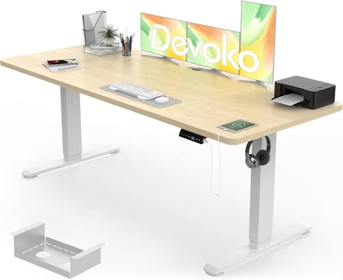 Devoko Electric Standing Desk 180x80cm, 18mm Thick Tabletop, Sit-Stand Height Adjustable with Sedentary Reminder, USB Charging Port, 3 Memory Smart Panel, Heavy-Duty Steel Frame (Beige)