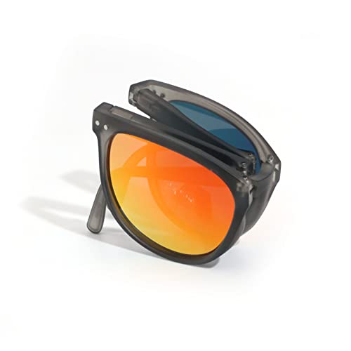 UNTAMID Easy Carry Polarized Mini Folding Sunglasses for Women Men Portable Pocket Lightweight Sun Glasses Transparent Grey Frame Red REVO Mirrored Lens