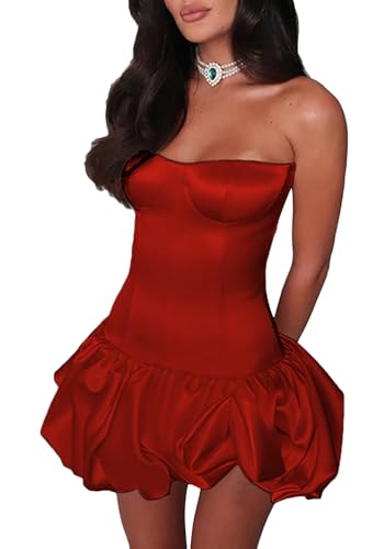Image of Kwunbwa Women's Summer Strapless Bubble Mini Dress Ruched Ruffle Flowy A Line Dress Tube Top Dresses Party Clubwear