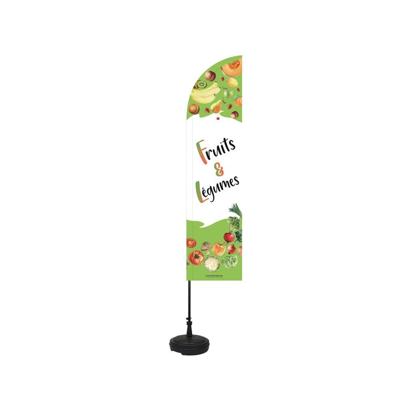 Drapeau Fruits & Légumes 255x60 cm complet avec mât et socle en plastique pour commerce