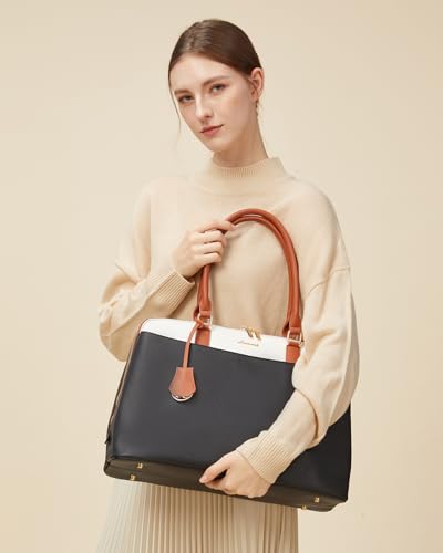 LOVEVOOK Laptop Bag for Women, 15.6 Inch Work Tote Bag, Large Purse Professional Computer Bag, Stylish Business Office Briefcase,Black-White-Brown2