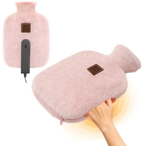 KNIGHT Rechargeable Hot Water Bottle with Charger Soft & Fluffy Cover with Hand Warmer Heat Pad for Hand & Body Up to 6 Hour Fast Heating Temperature Control Gift for Women - Pink