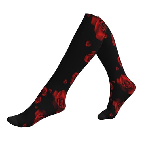Calcetines de compresión con estampado de fondo negro y rosa roja para hombres y mujeres, hasta la rodilla, adecuados para correr, viajar y volar, 1 par, 1 negro., Altoa única
