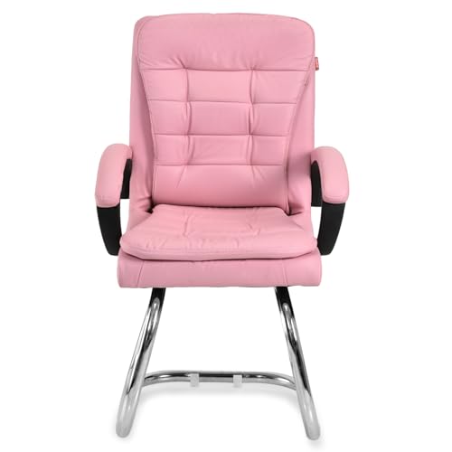 Image of GOYALSON Leatherette Double Cushion Office Guest Chair Sleek, Comfortable Seating for Visitors in Lobby, Reception (3, Pink, Double Pipe Chrome Steel Frame)