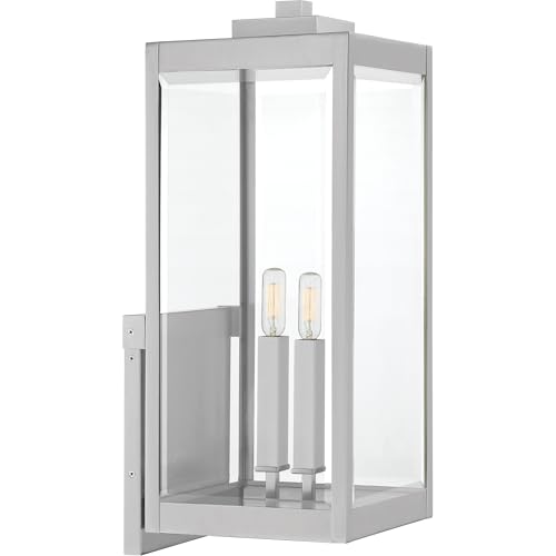 Image of Quoizel Westover Modern Wall Sconce, 22.75 Inch Stainless Steel 2-Light Outdoor Light Fixture, Clear Beveled Glass Wall Lantern, 60 W, Industrial Design Wall Light for Porch, Patio, Gazebo or Yard