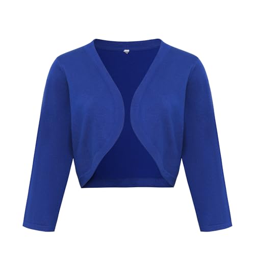 Image of Women's Cropped 3 /4 Sleeve Knit Cardigan - Open Front Bolero Shrug (Blue, X-Large)