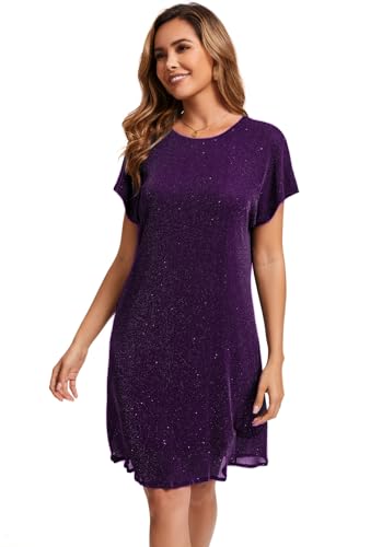 Image of Women's Crewneck Sequin Shift Dress Short Sleeve Casual Holiday Sparkly Party Dress