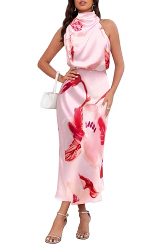 Image of Women's Satin Maxi Dress Summer Formal Wedding Guest Cocktail Dress | Mock Neck Sleeveless,Elegant Silk Midi Long Dress,High Neck,Halter,Aline,Bridesmaid,Bridal Shower Guest,Garden Party,Dinner