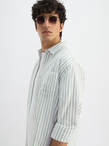 Image of The Souled Store: Veridian Men and Boys Long Sleeve Spread Collar White and Light Green Striped Cotton Regular Shirt
