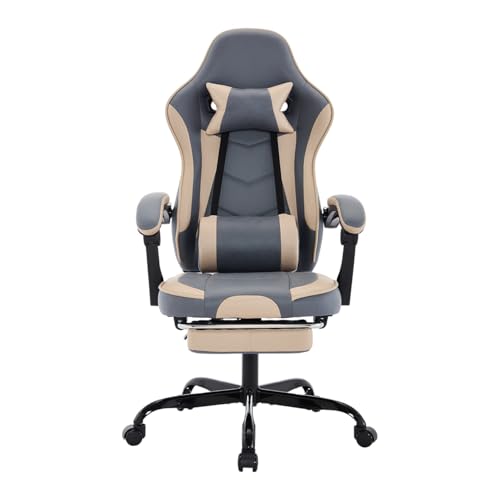 Image of Gaming Desk Chair for Adults, Ergonomic Gaming Chair with Footrest & Headrest and Lumbar Support, Leather Material Height Adjustable Computer Video Game Chairs (Beige+Blue)