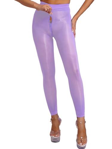 QinCiao Women's Oil Glossy Tights Pantyhose Zipper Crotch Leggings Stocking Smooth Bodystocking Light Purple&Footless X-Large