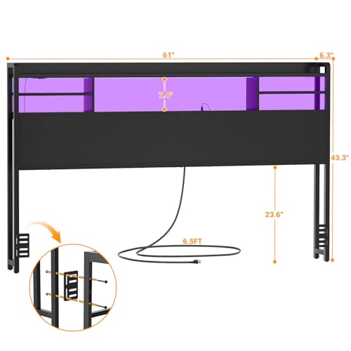 Image of Aheaplus Headboard for Queen Size Bed with Storage, Black | Headboards with LED Light, Power Outlets, USB Ports Queen Size Head Board, Wood headboard Only Sturdy and Stable Headboards
