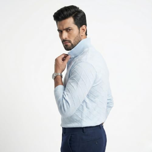 Image of BEAR THREAD Men's Polo T-Shirt | Linear Jacquard Full Sleeve Textured Knit Polo | Smart Casual Collared Stretch Fabric Tee | Stylish Everyday Wear for Men
