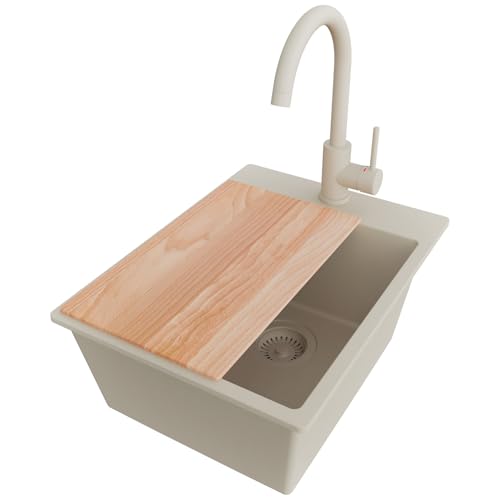 PRIMAGRAN Granitspüle Beige 38x50cm, Spülbecken 1 Becken + Küchenarmatur 32x20cm + Ablauf-Set + Schneidebrett, Küchenspüle ab 40er Unterschrank - Riga