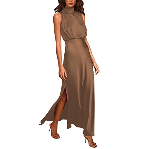 Robe longue en satin fendue avec col montant élégant