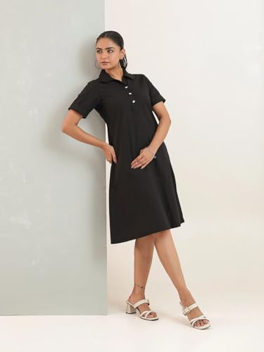 Image of Amazon Brand - INKAST Women Wide Collared Solid A -line Bottuned Mini Dress with Pockets | Summer Outfits | 100% Cotton | Casual Wear | One Piece