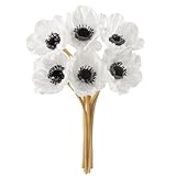 Floral Kingdom Real Touch White Anemone Bouquet - 10' Artificial Flowers for Home Decor, Weddings, Easter | Bendable Stems with Black Centers (7 Pack, Latex)