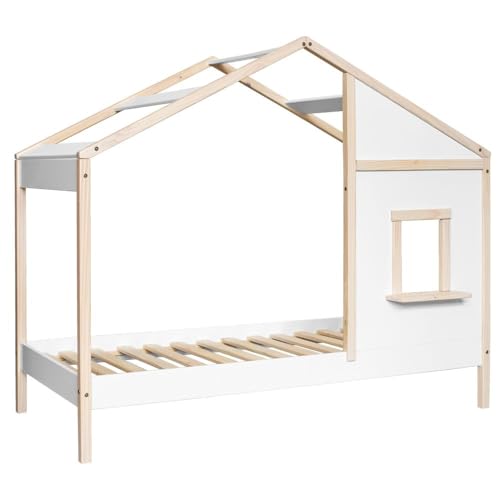 Mobelcenter, Cama Casita Montessori, Cama Infantil con Ventana y Techo, Acabado en Blanco y Natural, Medidas: Ancho: 195,6 cm x Fondo: 96,6 cm x Alto: 168,6 cm (1525)