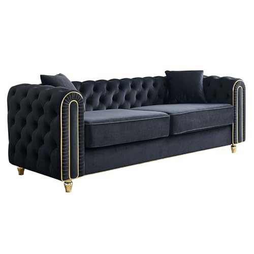 Image of KEIKI 86 inch Chesterfield Velvet Button Tufted Sofa with High Density Foam Cushions and 2 Toss Pillows, Modern Style 3-Seater Couch with Gold Strip Trim Decoration, Easy Assembly, for Living Room, Black