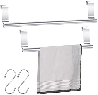 Dacitiery 2pcs Over Door Towel Rail, Installation-fre Stainless Steel Over Cabinet Door Tea Hand Towel Rack, 23.7cm/36cm Silver Towel Bar Holder No Drilling for Kitchen Bathroom with 2 Hooks
