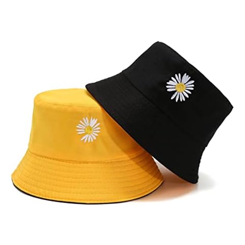 Riprap Women Bucket Hats - Ladies Bucket Sun Hat Daisy Embroidery Summer Fisherman Hat Reversible Bucket Hat Foldable Fisherman Hat for Girls Summer Sun Protection (Yellow-Black) Cover