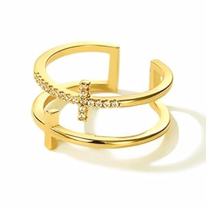 Gold Plated Adjustable Rings,Double Row Cross Rings with Sparkling Cubic Zirconia，Zirconia Simulated Diamond Ring for Women