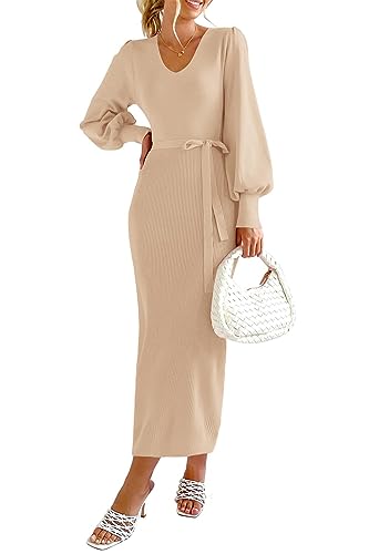 shownicer Strickkleid Damen Lang V-Ausschnitt Geripptes Pulloverkleid Langarm Sweater Tunika Einfarbig Herbst Winterkleid Elegant Maxi Wollkleid...