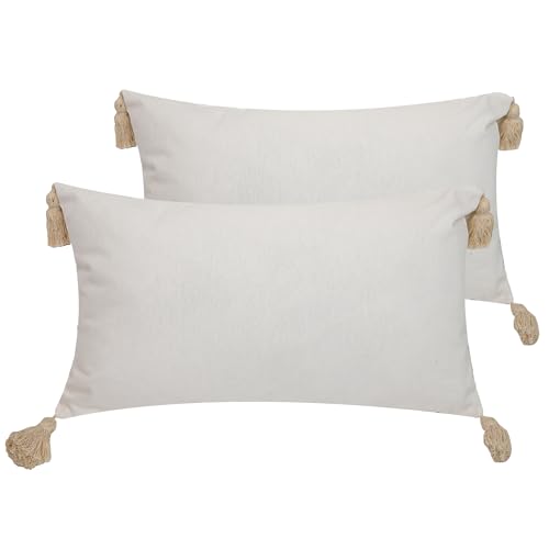 Viste tu hogar Pack 2 Cojín Decoración 100% Algodón con Borlas, Cremallera Oculta, Tejido Suave y Transpirable, Estilo Bohemio Chic para Salón, Dormitorio o Terraza, Beige, 30X50CM