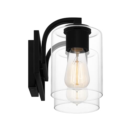Image of Quoizel Lansdowne Modern Bath Vanity Lights,18.25 Inch 2-Light Matte Black Lighting Fixtures Over Mirror, Clear Glass Shade, 100W, Decorative Wall Light for Bathroom, Dresser, Kitchen or Hallway