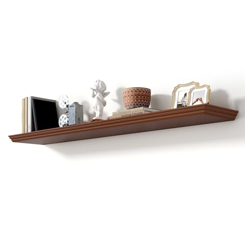 Image of 55 Inch Floating Shelves for Wall, 9.3 inch Deep Crown Molding Wood Display Shelf with Heavy Duty Invisible Brackets for Living Room, Bedroom, Bathroom, Kitchen Decor & Storage, Set of 1, Walnut Finish
