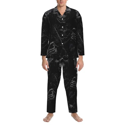 Grim Reaper With Lightning Mens Pajamas Set Button Down Sleepwear Set Long Sleeve Loungewear With Pockets