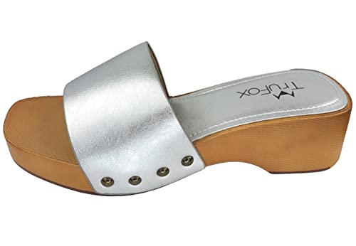 Trufox Women's Mule Slide Faux Wood Heel Sandal Clog Inspired, Tan Silver, 10 #TOP3