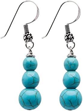 VN Jewelry Handmade Women's Natural Gemstone Triple Beads and Sterling Silver Dangle Drop Earrings | Gemstone Beaded Dangle Earrings Gift Ideas for Women, Girls (Blue Turquoise)