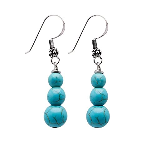 Vn Jewelry Handmade Women's Natural Gemstone Triple Beads And Sterling Silver Dangle Drop Earrings | Gemstone Beaded Dangle Earrings Gift Ideas For Women, Girls (Blue Turquoise) #TOP1