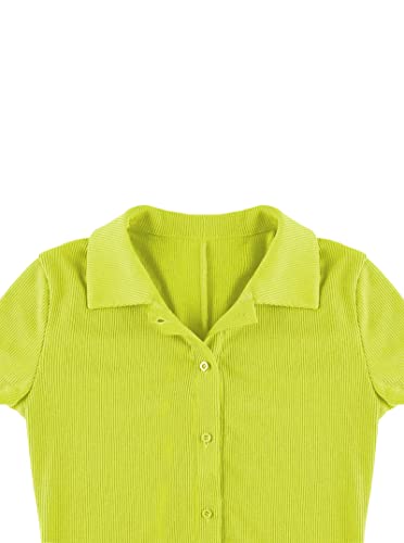 Lilycoco Women's Short Sleeve Ribbed Knit Button Front Collar Romper Playsuit Bodysuit Green Small #TOP4