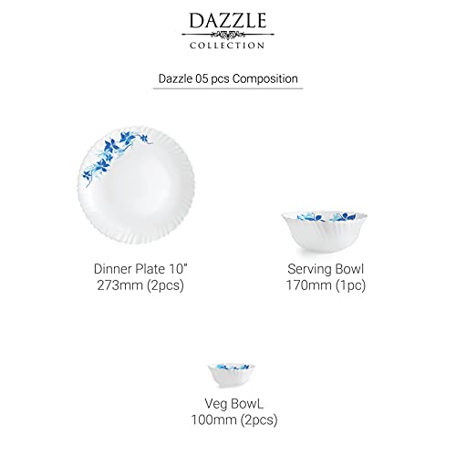 Image of Cello Opalware Dazzle Blue Swirl Dinner Set, 5 Units, Service for 2, White, Small
