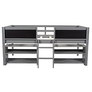 Harper & Bright Designs Kids Low Loft Bed with 2 Movable Storage Shelves, Twin Loft Bed Frame with Chalkboard and Ladder, Multifunctional Loft Bed for Kids Boys&Girls No Box Spring Needed (Gray) Harper Bright Designs Kids Low Loft Bed with 2 Movable Storage Shelves Twin Loft Bed Frame with Chalkboard and Ladder Multifunctional Loft Bed for Kids BoysGirls No Box Spring Needed Gray