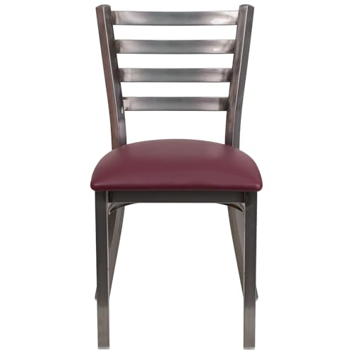 Image of Flash Furniture HERCULES Series Clear Coated Ladder Back Metal Restaurant Chair - Burgundy Vinyl Seat