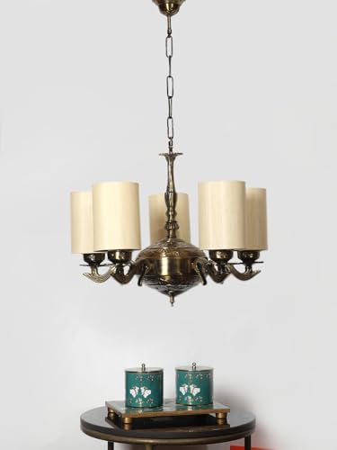 Image of Devansh 05 Lights Round Off-White Cotton Shade with Antique Golden Chandelier