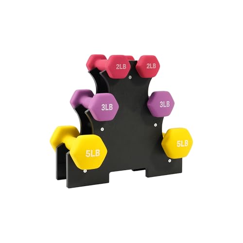 Neoprene Dumbbell Set for Women 2-5 lb | 3 Pairs Hand Weights Set with Rack, Hex Anti-Roll, Color-Coded Home Gym Gifts