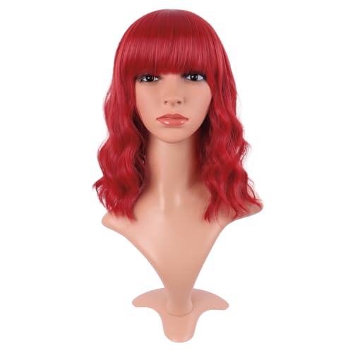 Image of MapofBeauty 14 Inch /35 cm Short Wavy Curly Women Fresh Bright Synthetic Ordinary Flat Bangs Bob Wig (Red)