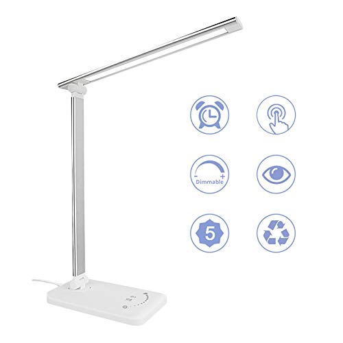 LED Desk Lamp, TBTeek Eye-Caring Desk Lamp with USB Charging Port, Touch Control Office Lamp with 5 Lighting Modes and 5 Brightness Levels, Auto-Off Timer,Memory Function for Reading,Working(Silver)