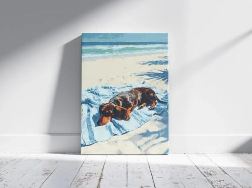 Lámina de perro salchicha en la playa para decorar un salón moderno y luminoso