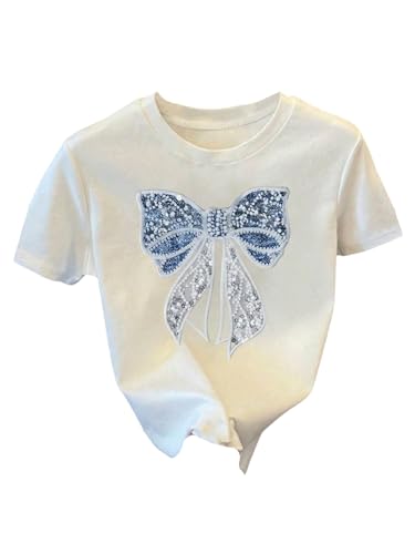 Image of SHENHE Girl's Graphic Bow Tshirt Crew Neck Short Sleeve Camo Print Loose Fit Tee Top