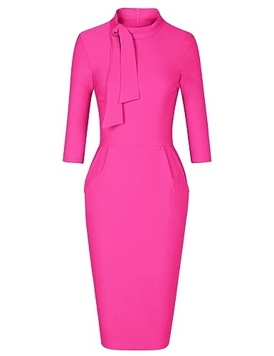 Image of MUXXN Women's Midi Pencil 1950s Vintage Cocktail 3 /4 Sleeve Tie Neck Bodycon Mid-Calf Dress with Pockets
