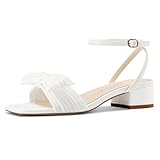Castamere Women's Bow Knot Heeled Sandals Ankle Strap Buckle Open Square Toe Block Chunky Heels Wedding Dress Bride Fashion 1.4 Inches Heels White 9 M US
