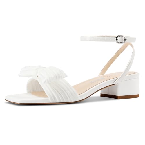 Castamere Women's Bow Knot Heeled Sandals Ankle Strap Buckle Open Square Toe Block Chunky Heels Wedding Dress Bride Fashion 1.4 Inches Heels White 9 M US