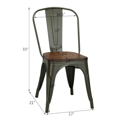 Image of COSTWAY Stackable Metal Dining Chairs Set of 4 with Wood Seat and High Back | Gun Color, Industrial Vintage Style, Elm Wood Seat Board, 18 Inch, for Dining Room, Kitchen, Bar, Cafe, Bistro, Restaurant