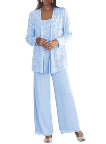 3 Pieces Chiffon Mother of The Bride Pant Suits for Wedding Sequin Grandmother of The Bride Pant Suits with Jacket